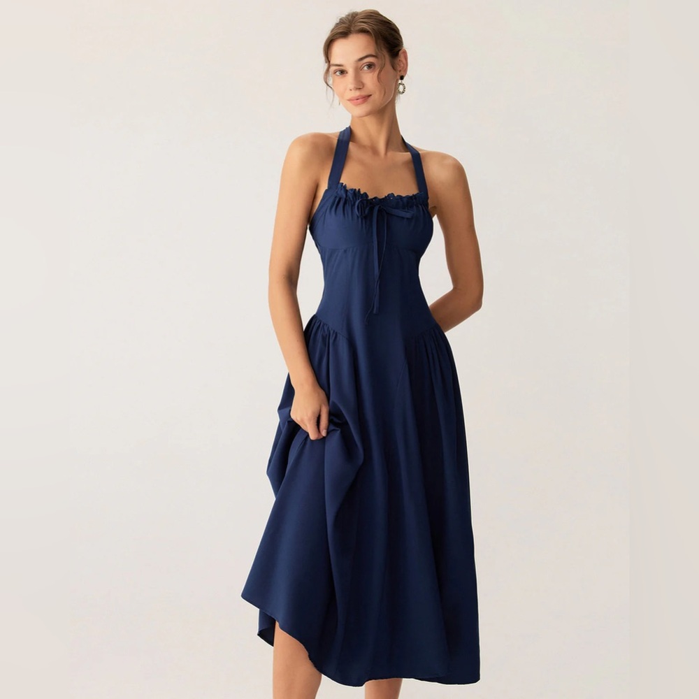 Rihoas Navy Ruched Halter Midi Dress